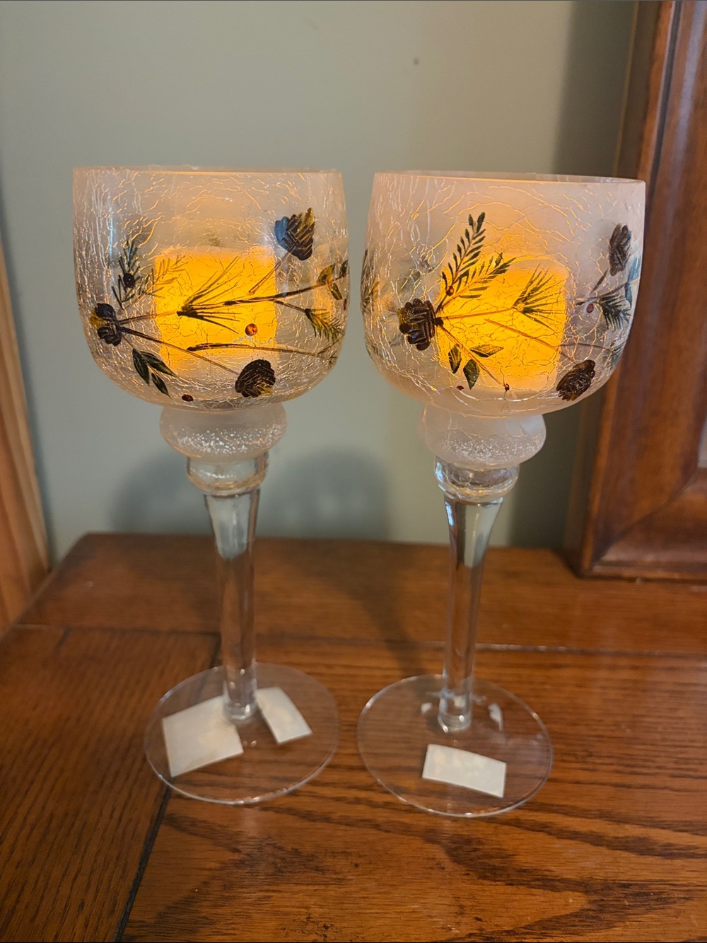 Yankee Candle Amber and Clear Floral Crackle Glass Candle Holders - Pair